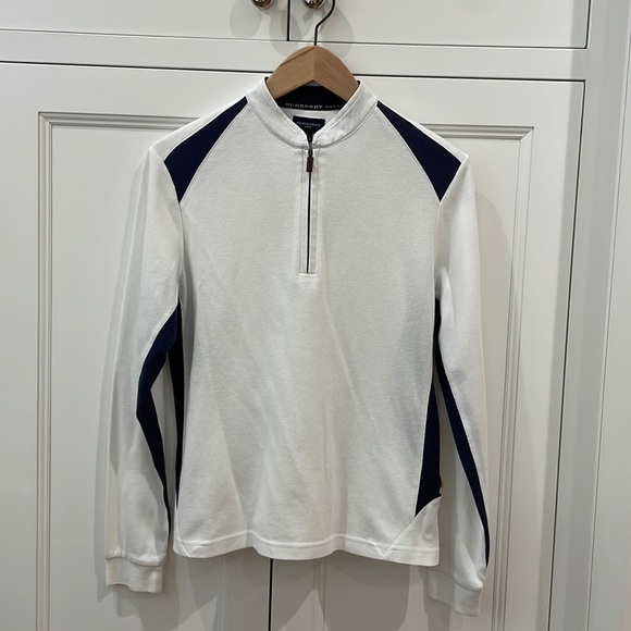 Burberry Golf Navy and White Long Sleeve Shirt—Zippered Pocket in Back—Size S - Picture 1 of 7